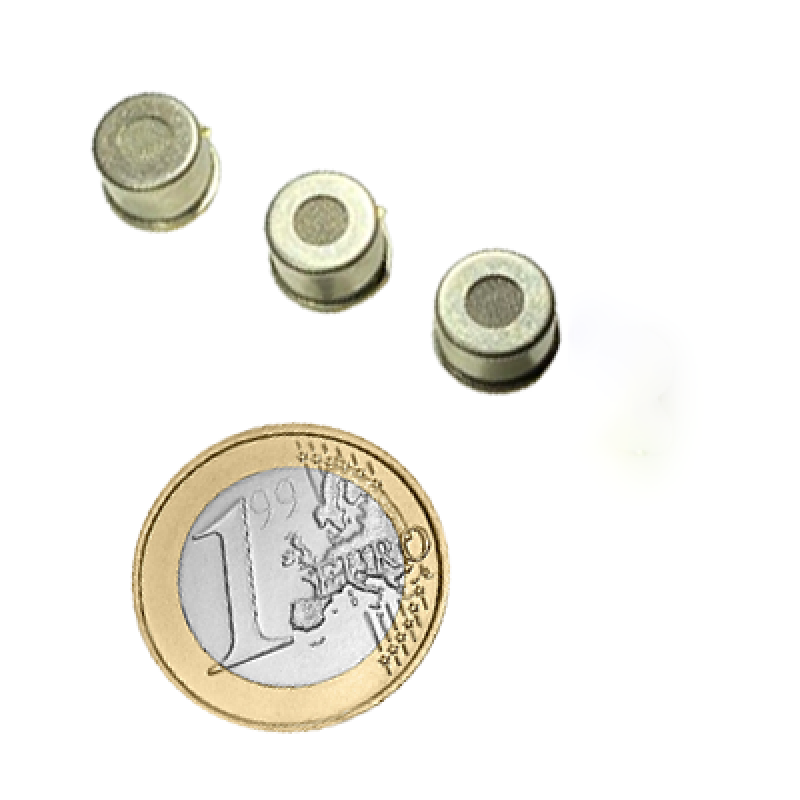 Three small cylindrical micro-oxygen sensors alongside a 1 Euro coin for scale.