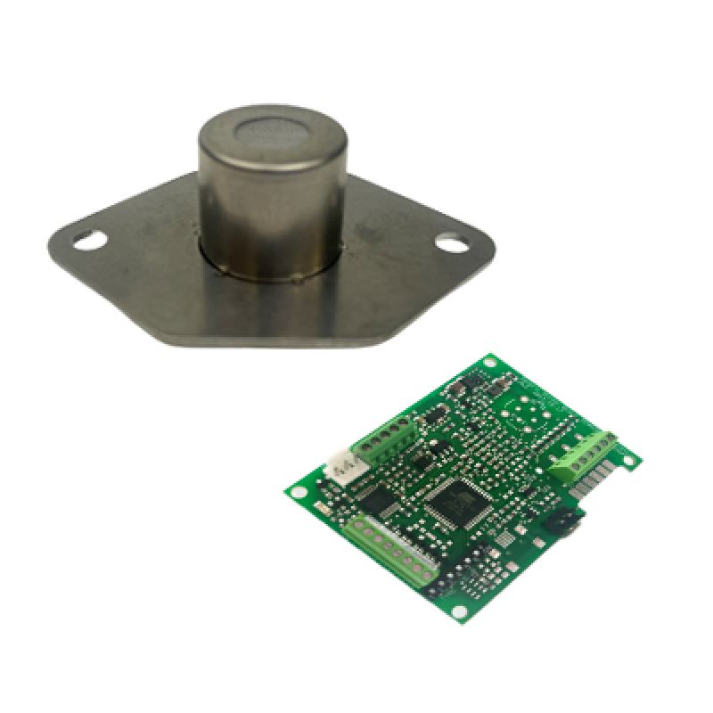 SO‑B1‑xxx mini zirconia oxygen sensor module mounted on sensor evaluation board with microcontroller and connectors.