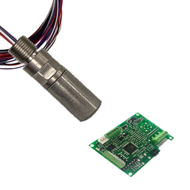 SO‑D1‑XXX‑AXXXC M10-threaded zirconia oxygen sensor module mounted on sensor evaluation board with microcontroller and connectors