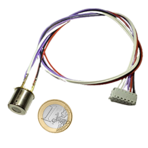 SO-E2-XXX-D040C mini zirconia oxygen sensor with cable, shown next to a Euro coin for scale.