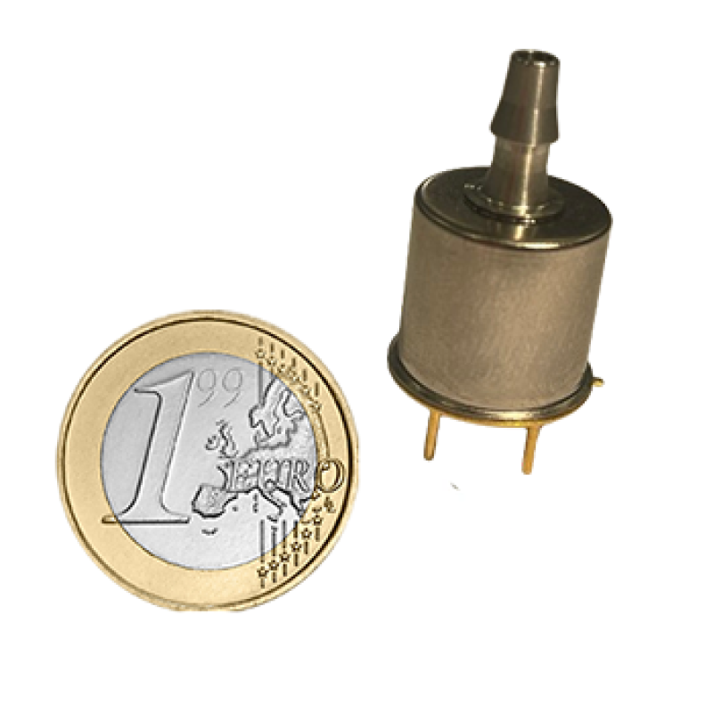 SO-E3-xxx mini zirconia oxygen sensor with hose connection shown next to Euro coin for scale.